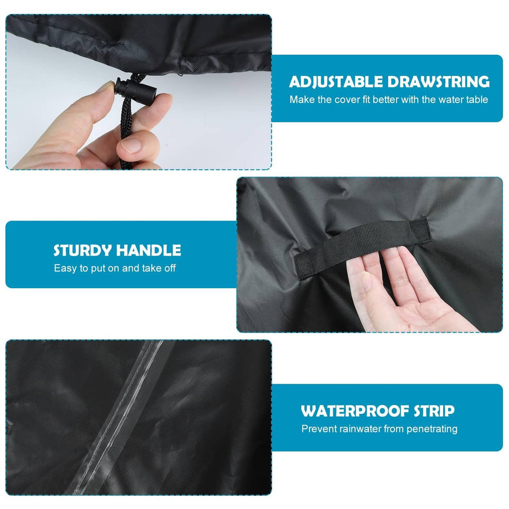 Black water table cover with adjustable drawstring, carry handle, and sealed seams