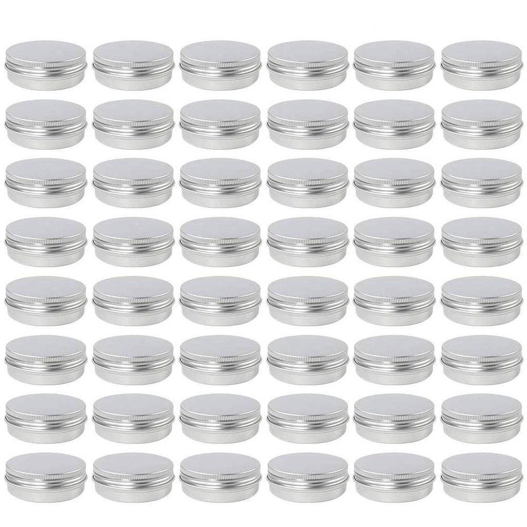 Set of small round silver aluminum tins with screw-on lids, 2 oz