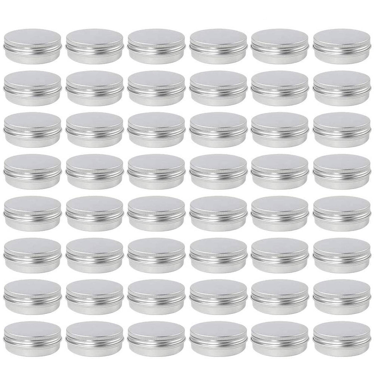 Set of small round silver aluminum tins with screw-on lids, 2 oz