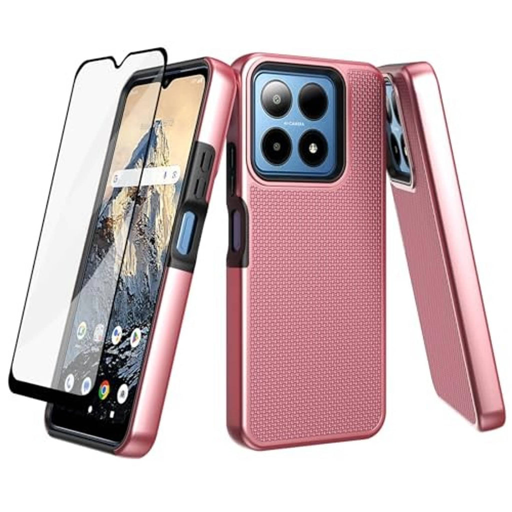Rose gold textured phone case with screen protector, back view with triple camera cutouts