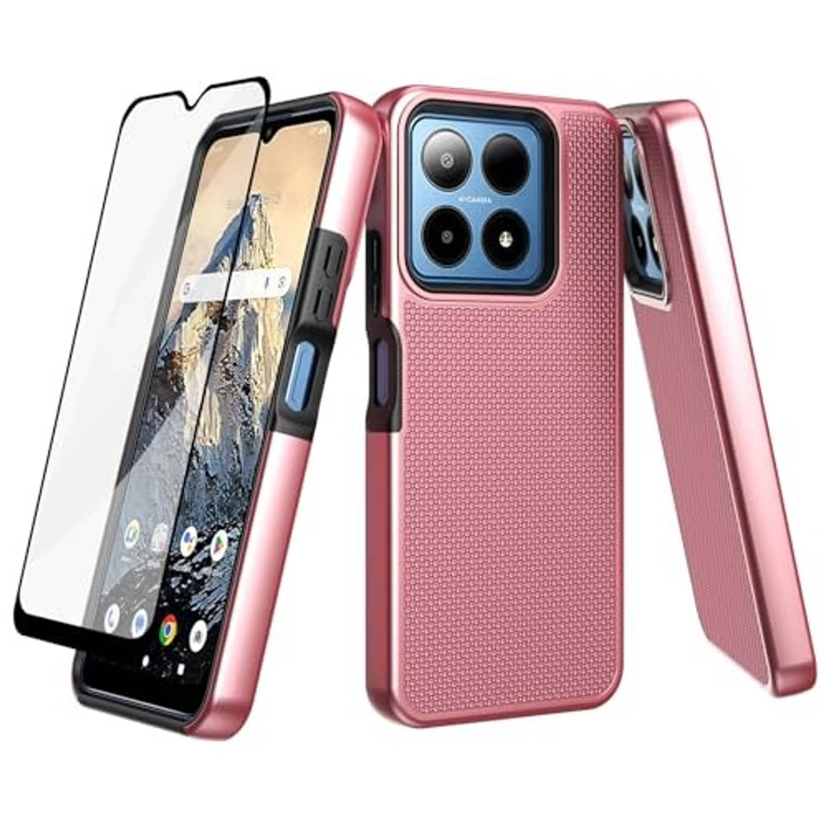 Rose gold textured phone case with screen protector, back view with triple camera cutouts