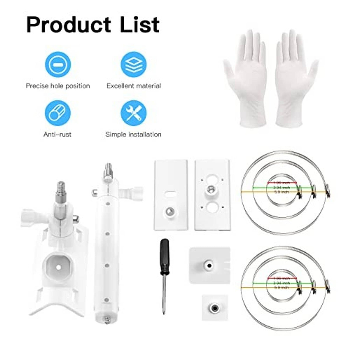 White pole mounting bracket accessories set with screws, anchors, and cable ties