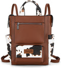 Cow-print vegan leather backpack purse with front zip pocket, top handles, adjustable strap
