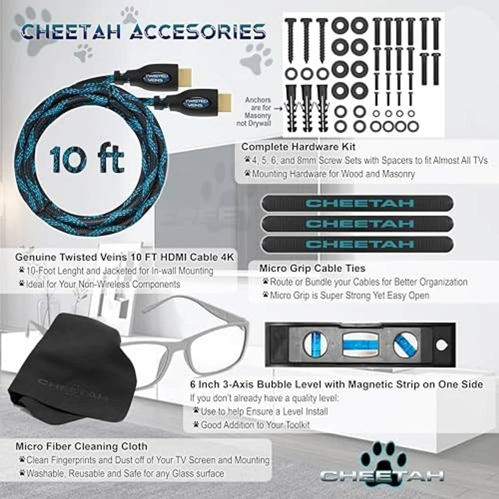 TV mount accessory bundle: 10 ft HDMI cable, screw hardware kit, and cleaning cloth