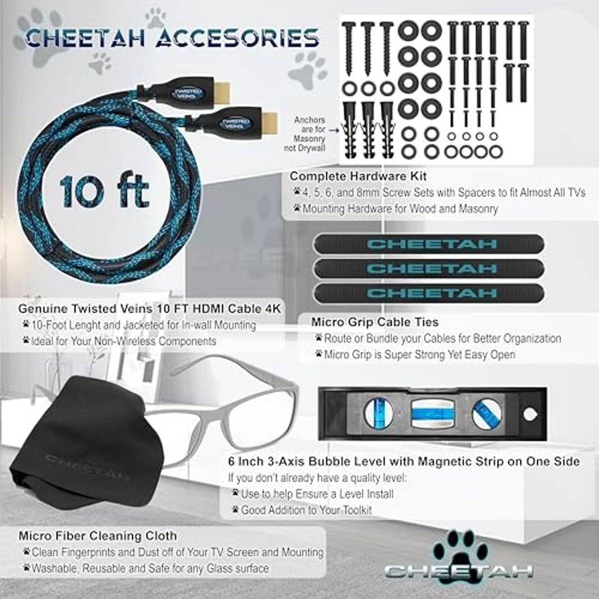 TV mount accessory bundle: 10 ft HDMI cable, screw hardware kit, and cleaning cloth