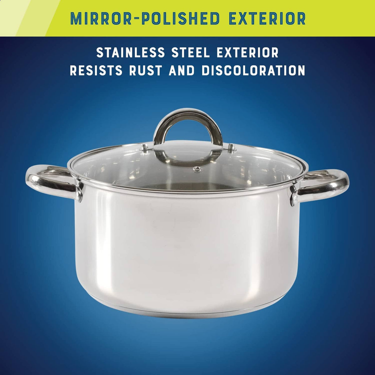 Stainless steel stockpot with lid and side handles, mirror-polished exterior
