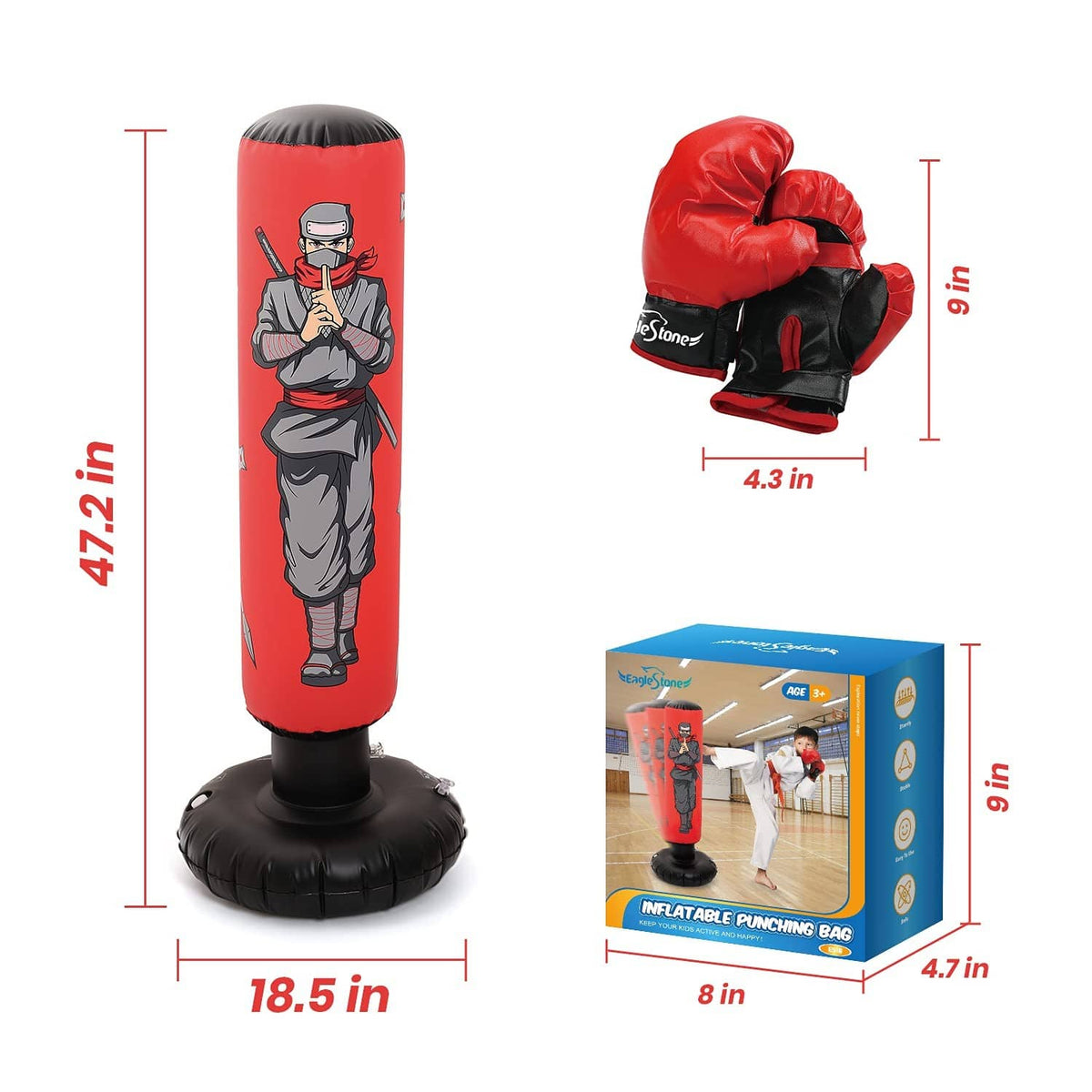 Inflatable kids punching bag with boxing gloves; red and black set with product box