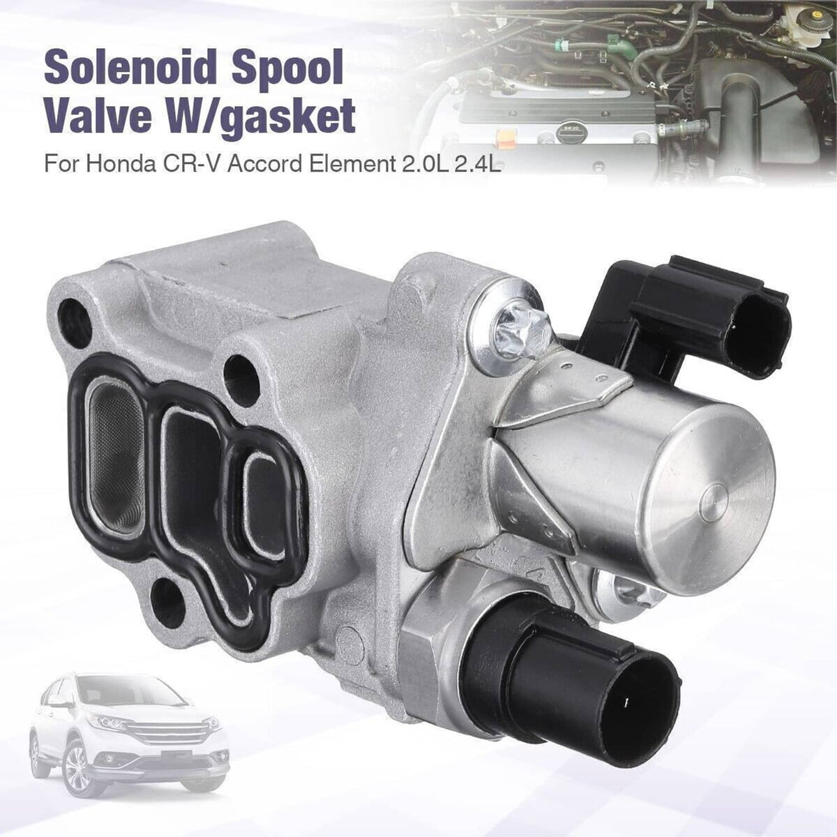 Solenoid spool valve with gasket, silver valve body with black electrical plug ends
