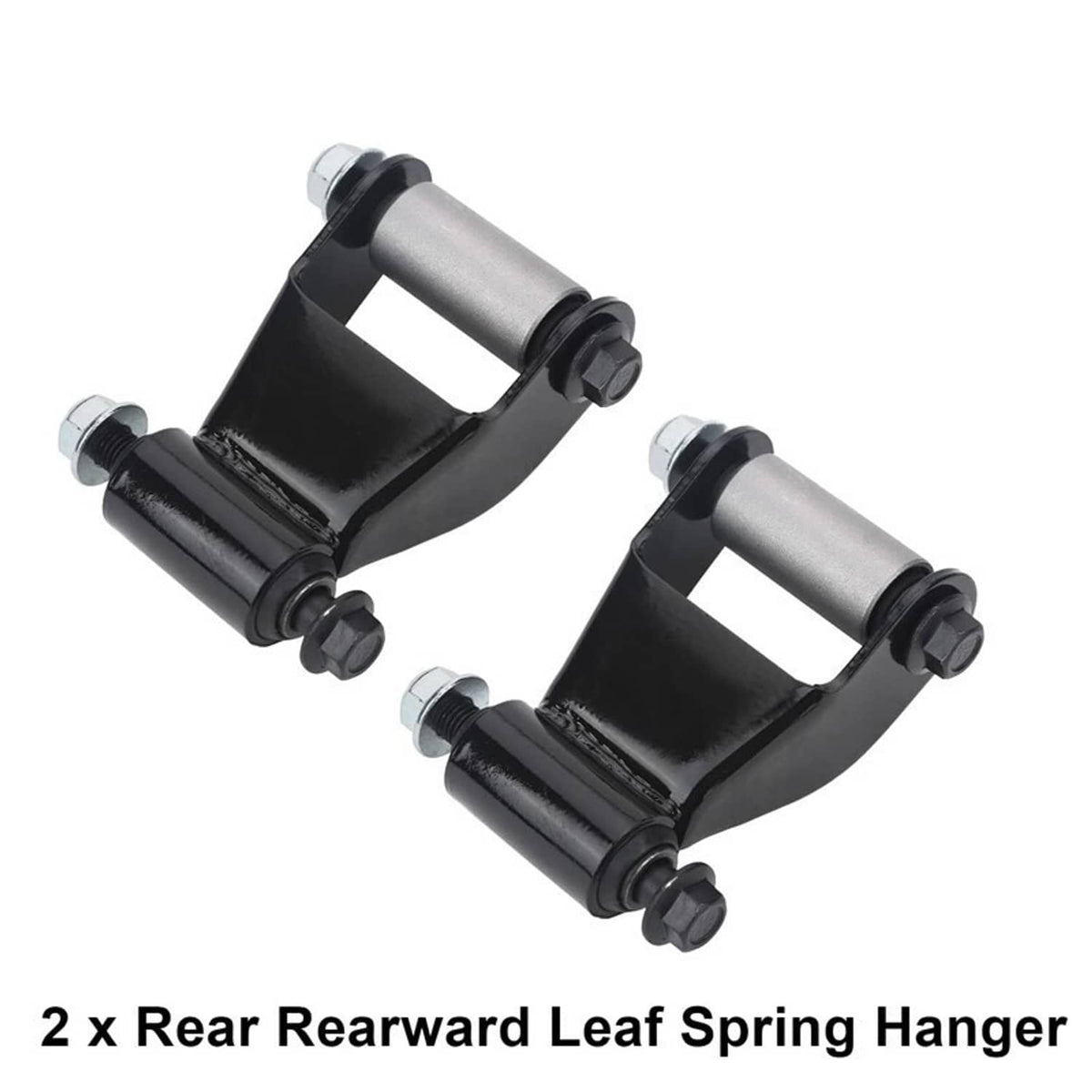Two black rearward leaf spring hanger shackles with silver bushings