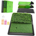 Green golf practice mat with black rubber border and small target hole in the turf