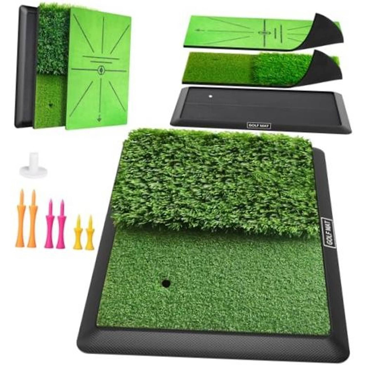 Green golf practice mat with black rubber border and small target hole in the turf