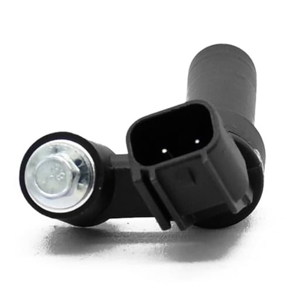 Black crankshaft position sensor with round silver mounting head and rectangular connector