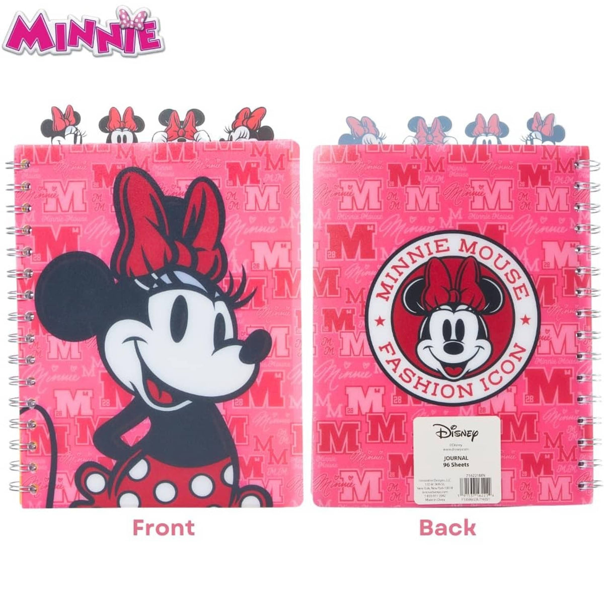 Minnie Mouse notebook front and back covers with pink vinyl artwork and logo badges.