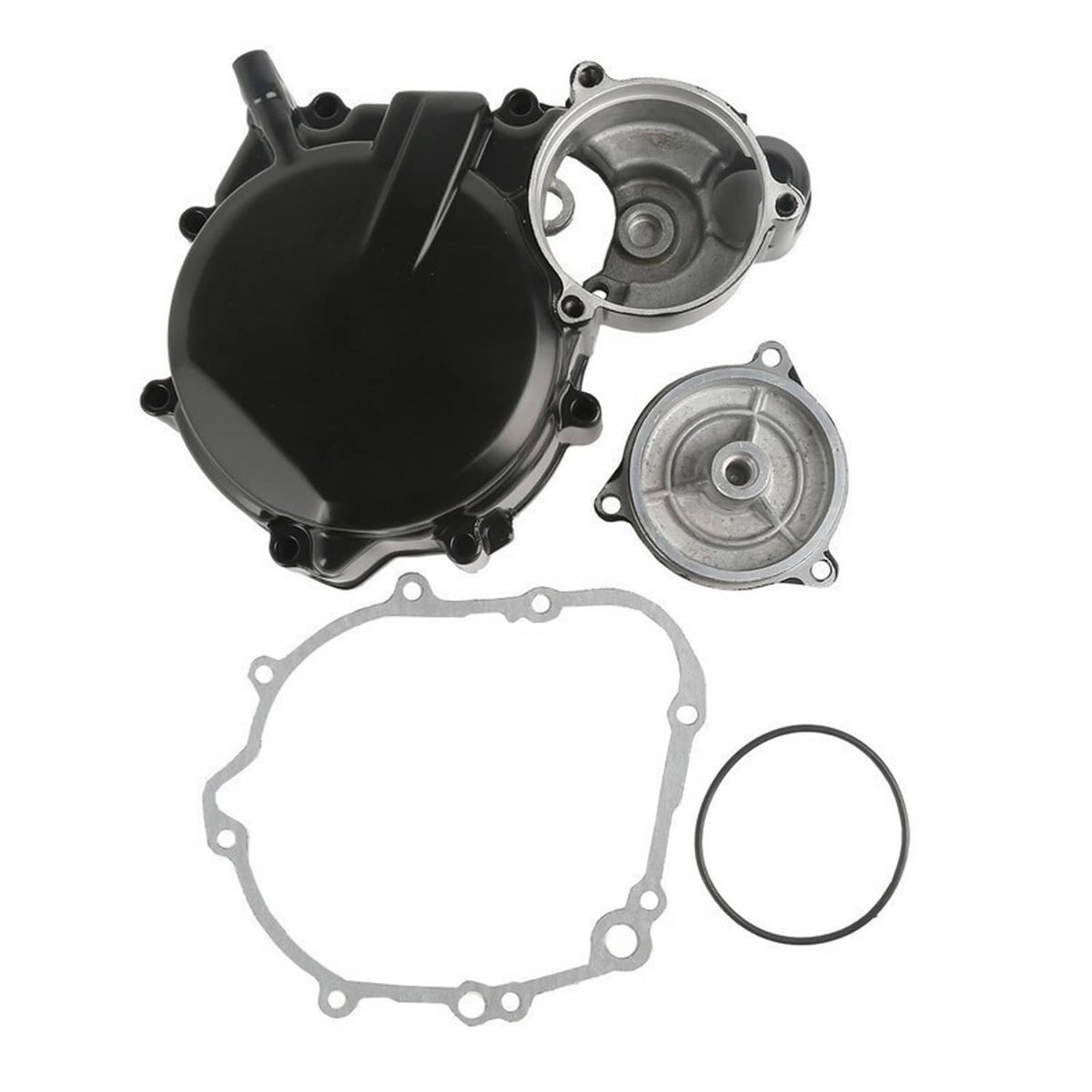 Aluminum engine stator cover set with black cover, silver caps, and gaskets/O-ring