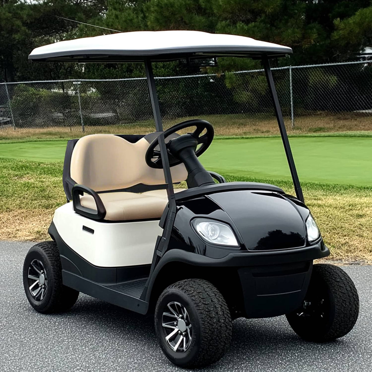 Golf cart seat with beige backrest cushion and black arm supports