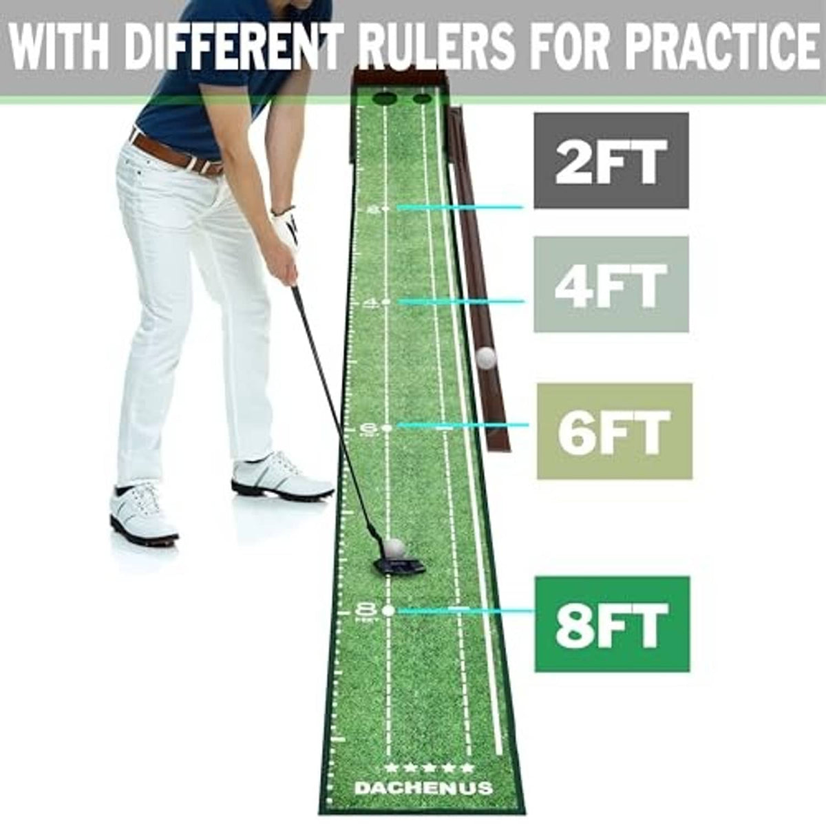 Indoor putting green practice mat laid out long with side wooden frame