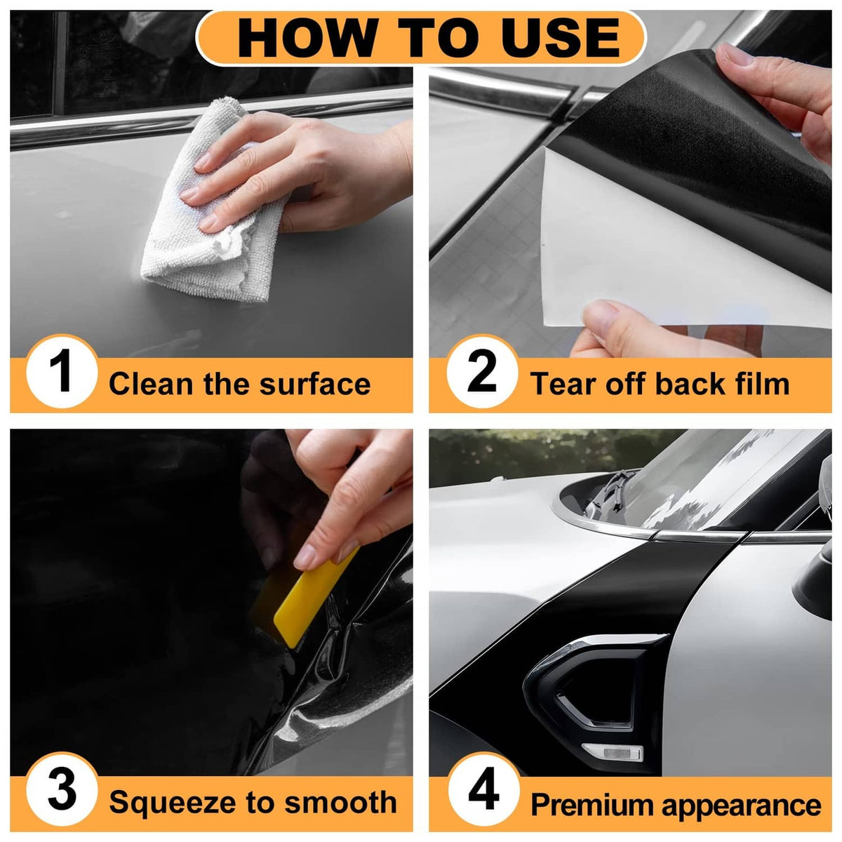 Hands applying gloss black vinyl wrap: clean surface, peel backing, smooth on