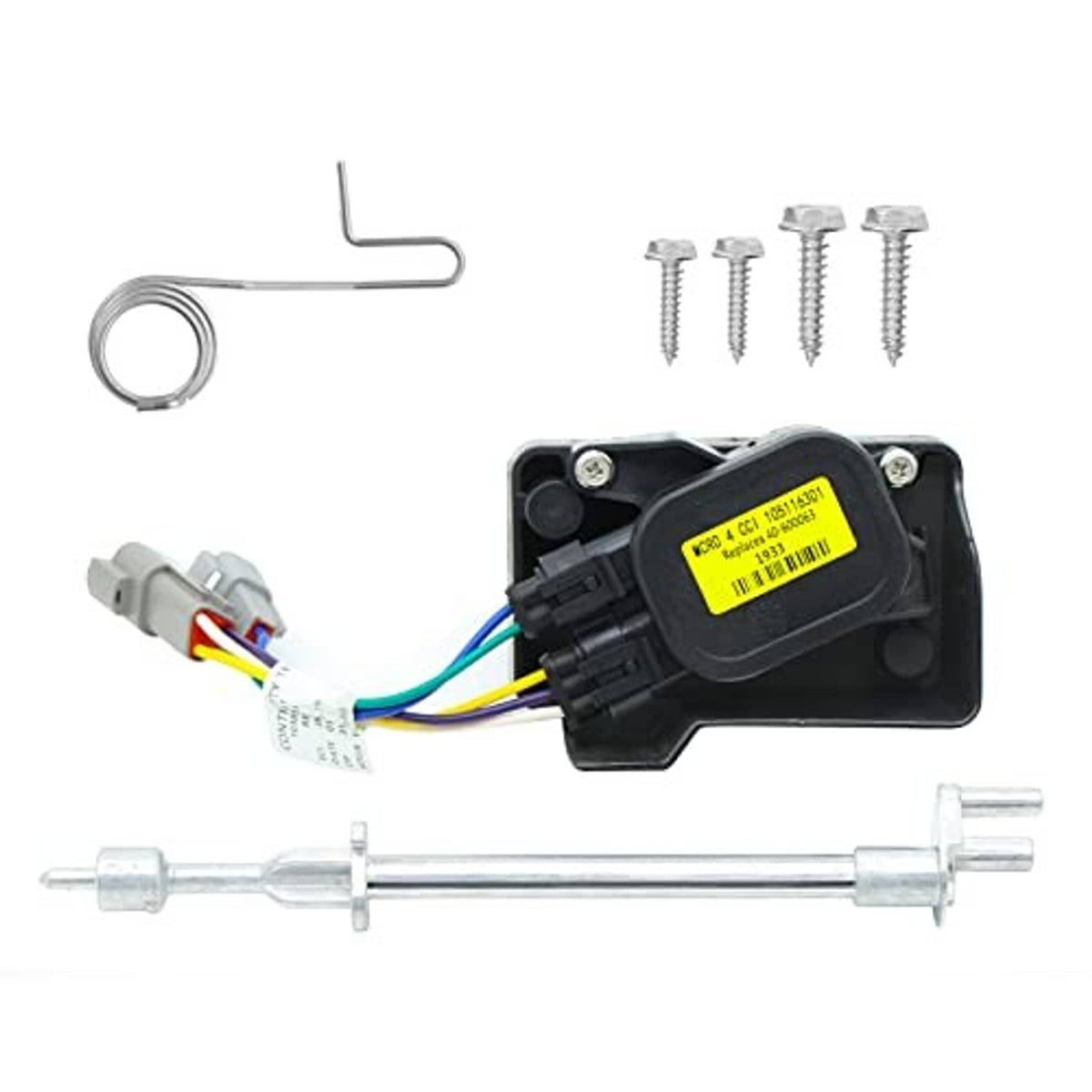 Throttle potentiometer sensor assembly with wiring leads, spring rod, mounting screws, tools