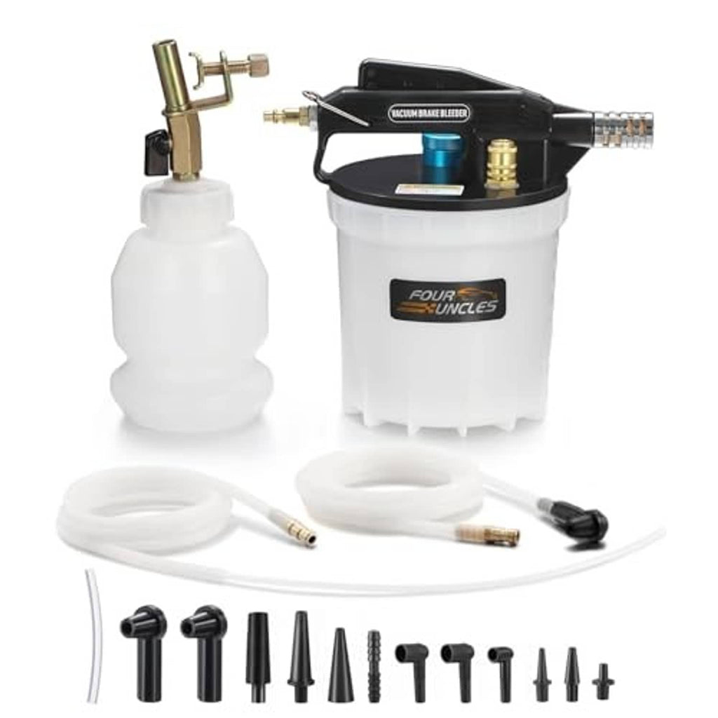 Brake fluid vacuum extractor kit with white reservoir, black head, blue valve and nozzle set