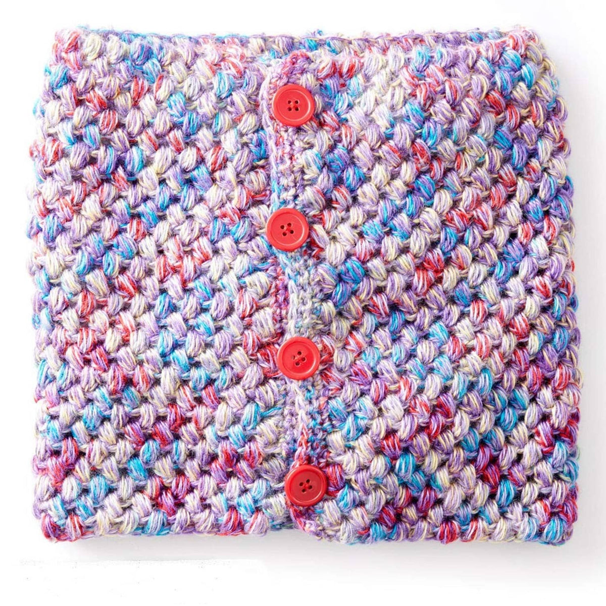 Multicolor crochet square with four red button snaps and textured stitch pattern