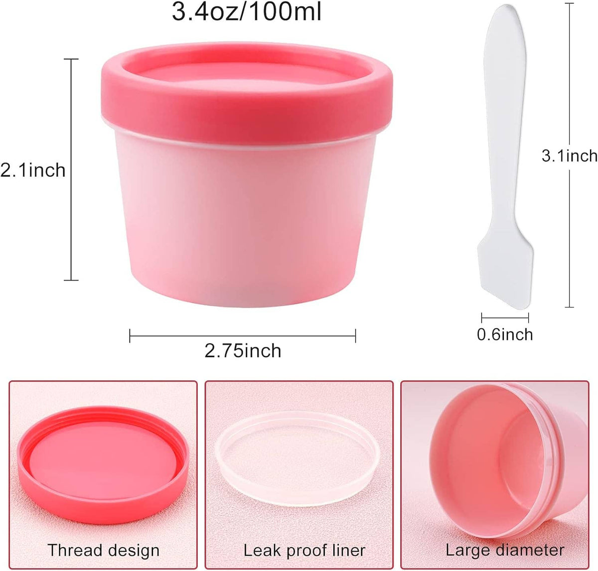 Pink empty plastic cosmetic jar with lid, 3.4oz/100ml; includes small applicator