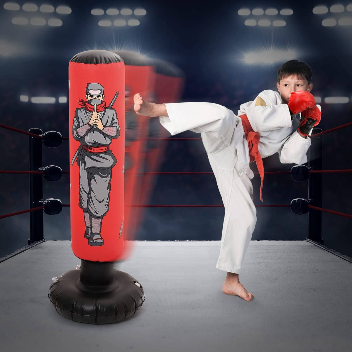 Inflatable kids punching bag with boxing gloves; red bag and red/black gloves being punched