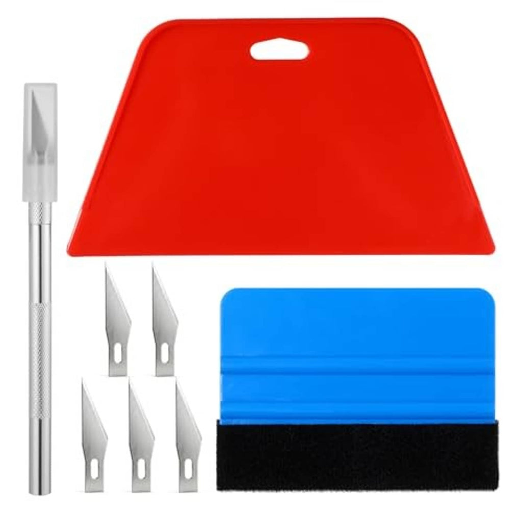 Vinyl wrap squeegee tool set with red scraper, silver blades, and blue felt squeegee
