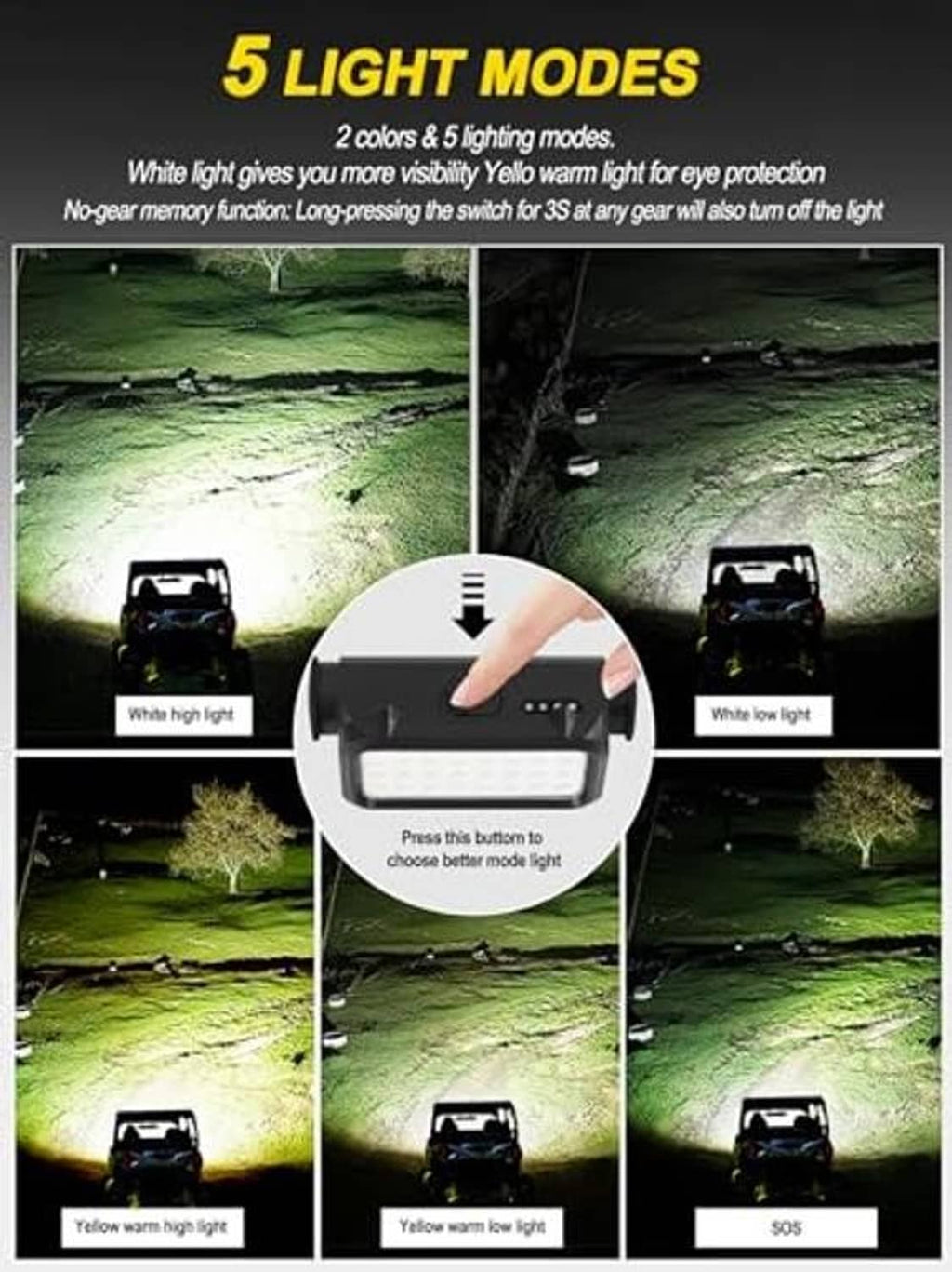 UTV dome LED light with 5 light modes display and black rectangular light housing
