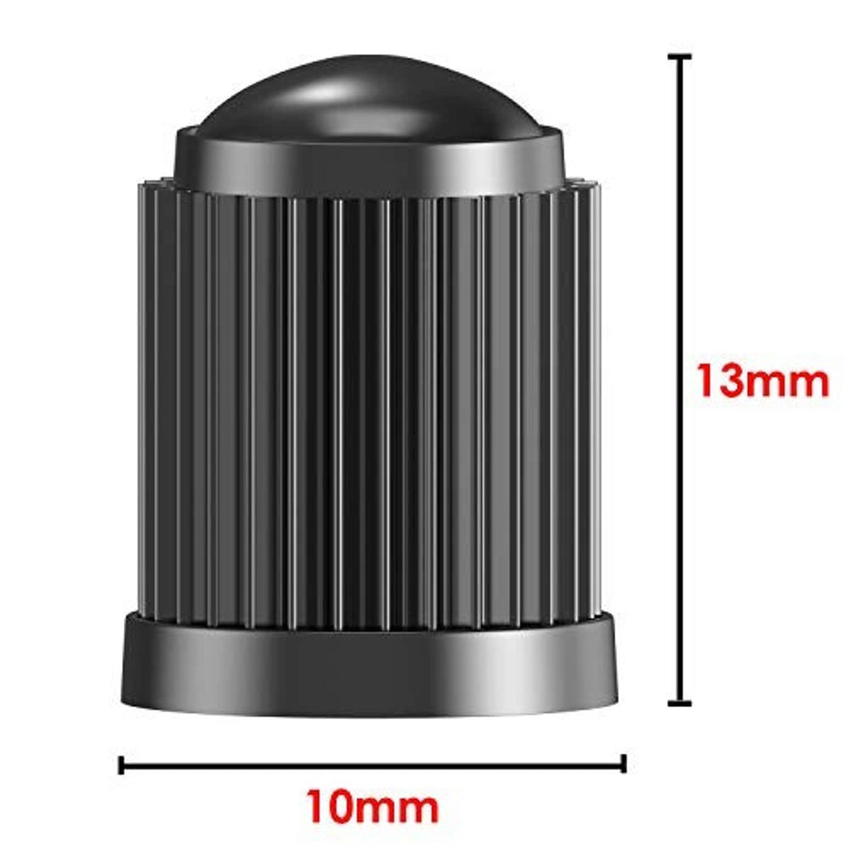 Black tire valve stem cap with metal base, 10mm width and 13mm height