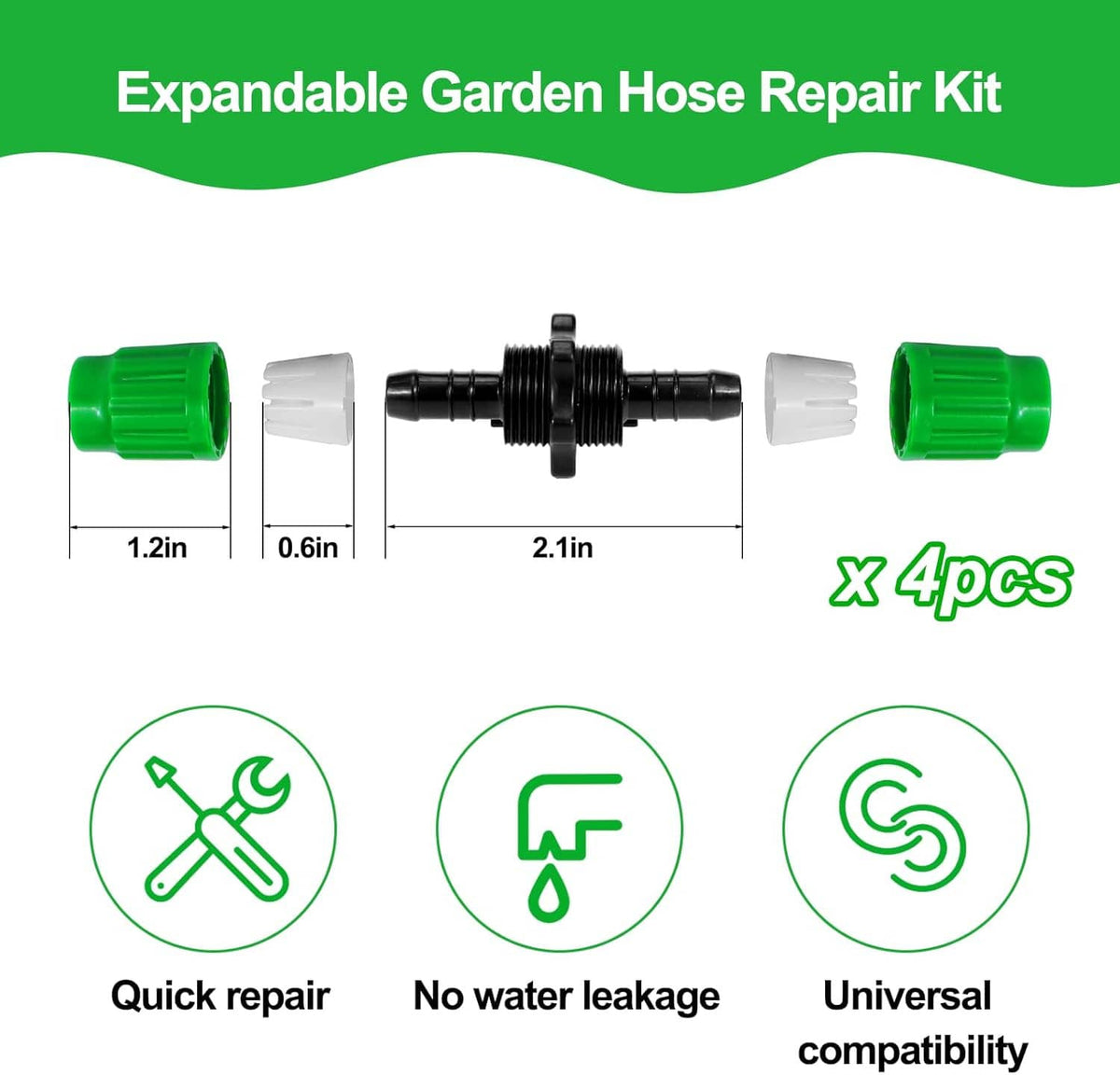 Four-piece expandable garden hose repair connector set with green ends and black coupler