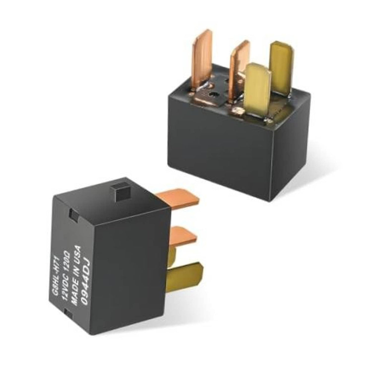 Black 4-pin car AC relay with copper and gold-toned terminals