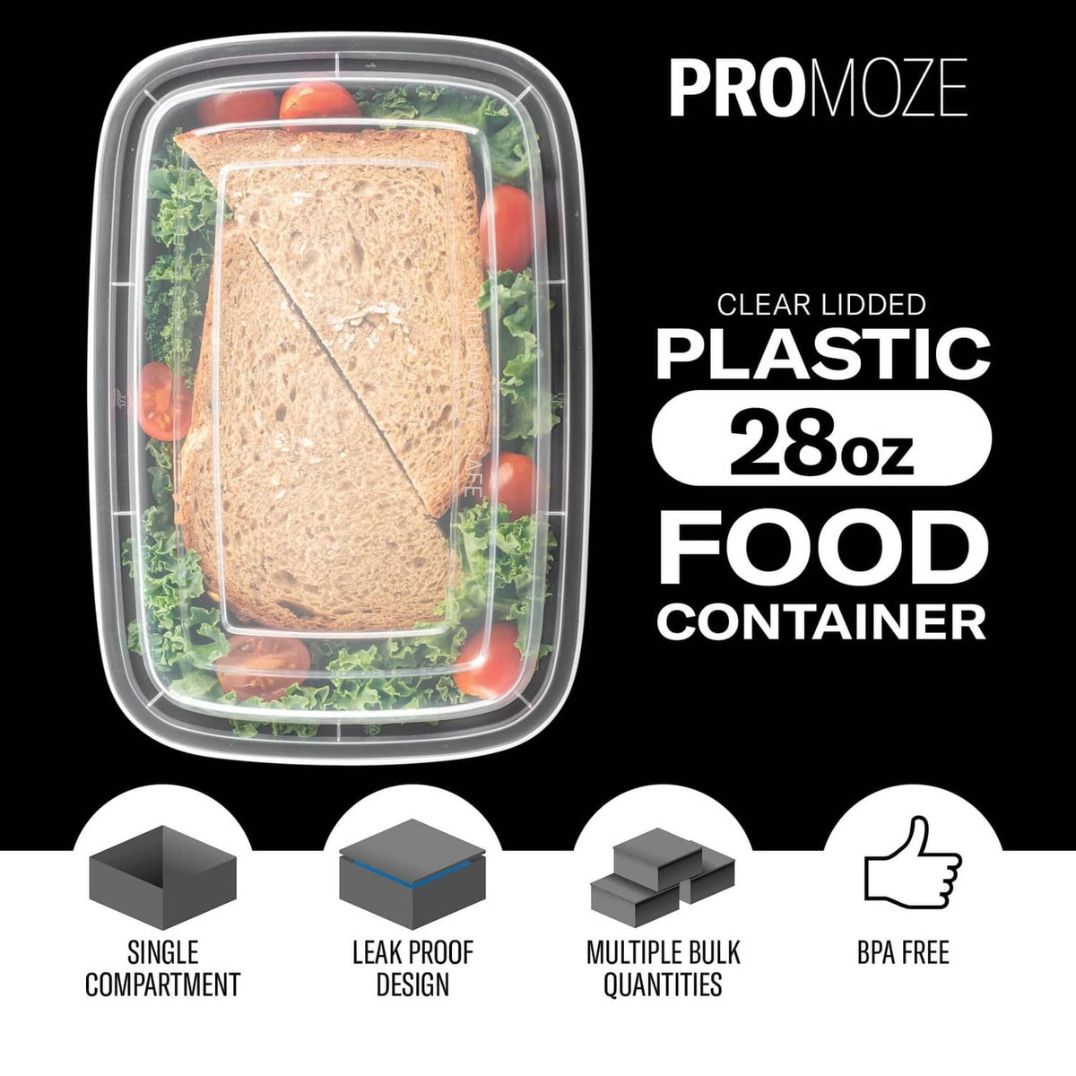 Clear lidded plastic 28 oz meal prep container with food and vegetables inside