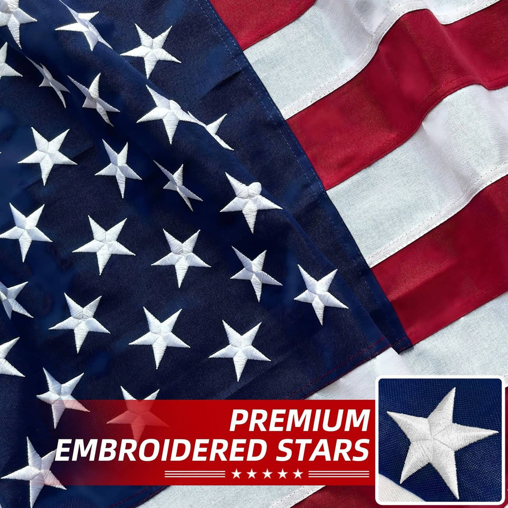 American flag with embroidered-style white stars and red-and-white stripes
