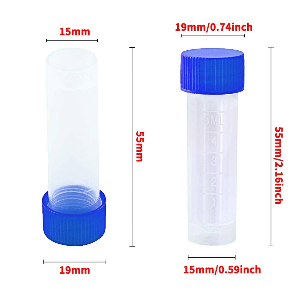 Plastic graduated test vials with blue screw caps and measurement markings, 5 ml