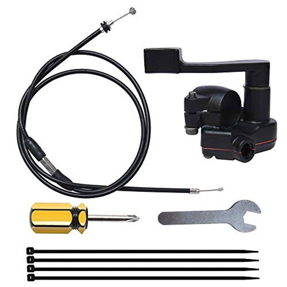 Thumb throttle cable and accelerator handle assembly with included tools and wrenches
