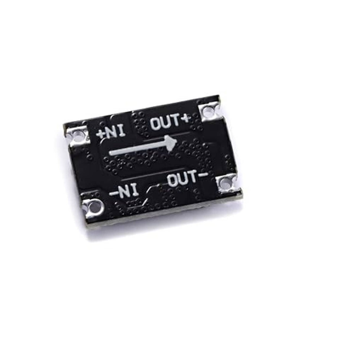 DC-DC buck converter board, black PCB with IN and OUT labels on silkscreen