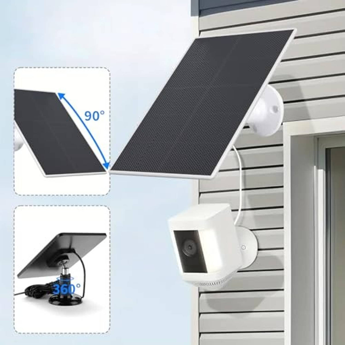 Black solar panel with adjustable wall bracket and outdoor camera mount