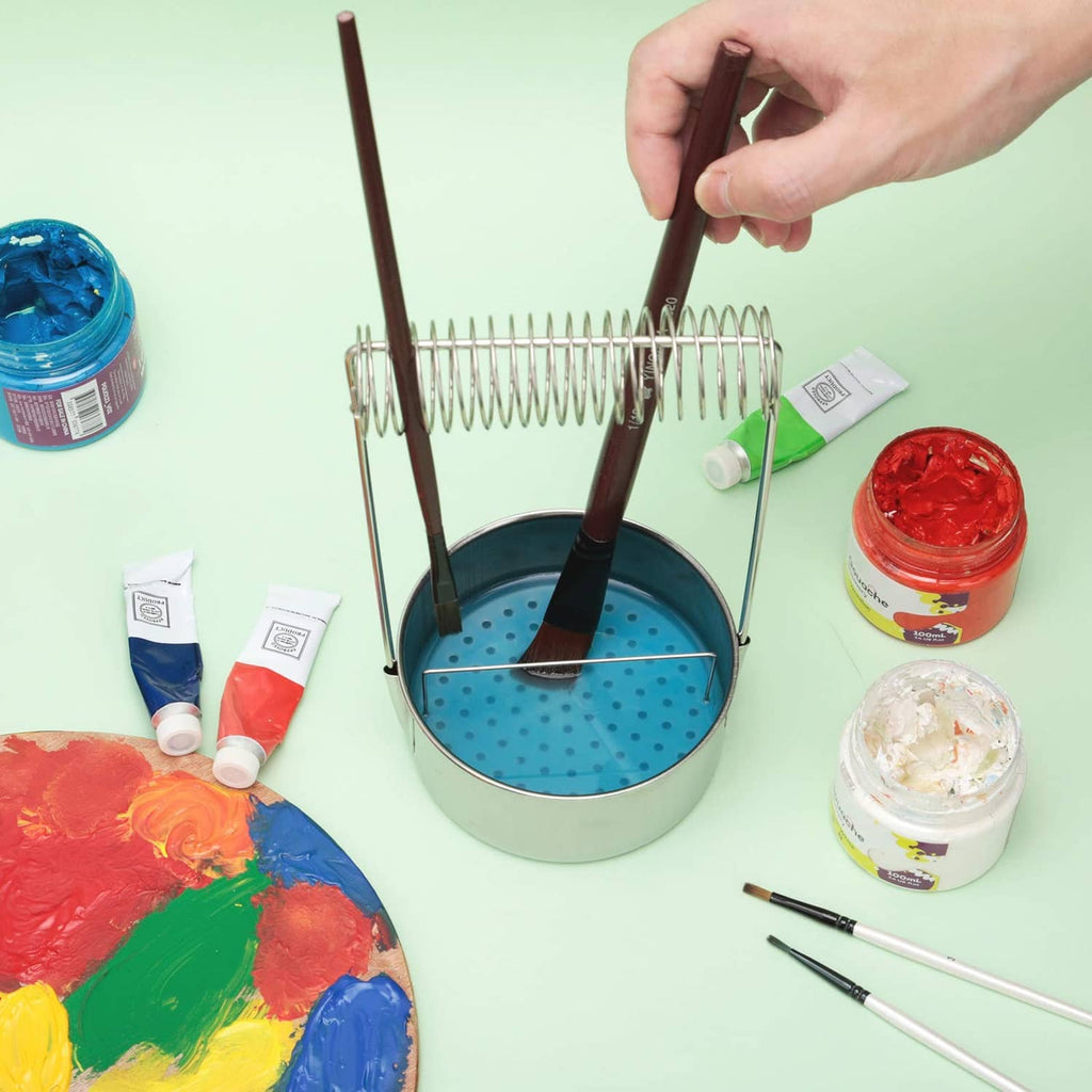 Portable brush washer with wire rack and perforated draining plate holding paint brushes