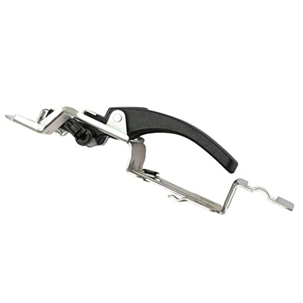 Interior door handle with black textured pull and silver metal linkages