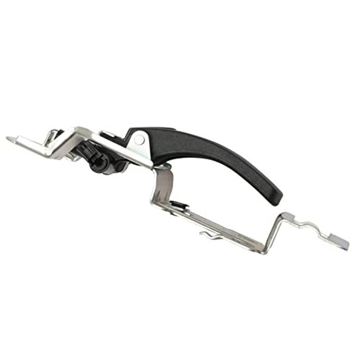 Interior door handle with black textured pull and silver metal linkages