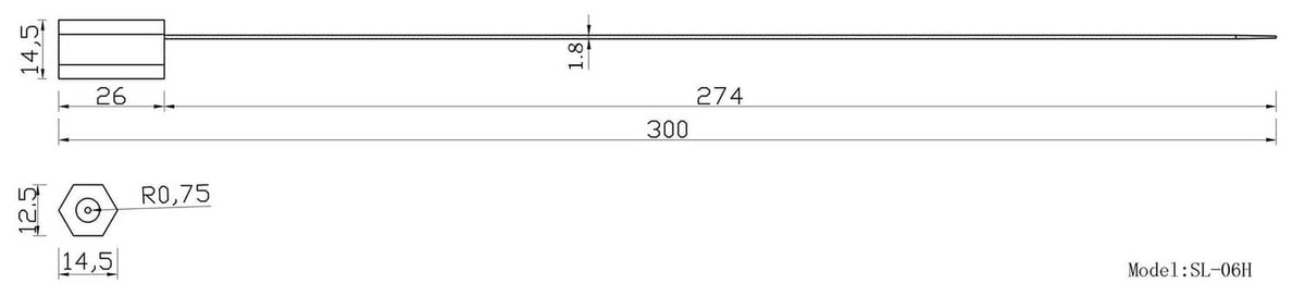 Cable seal sizing diagram with measurements and model label