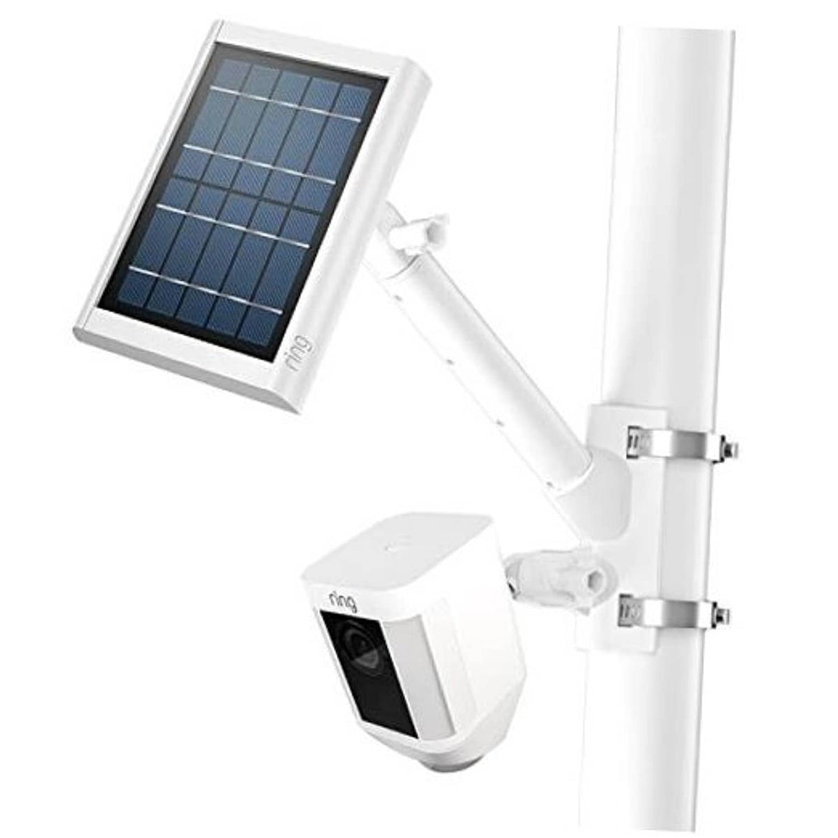 2-in-1 white pole mounting bracket set with camera mount and solar panel support