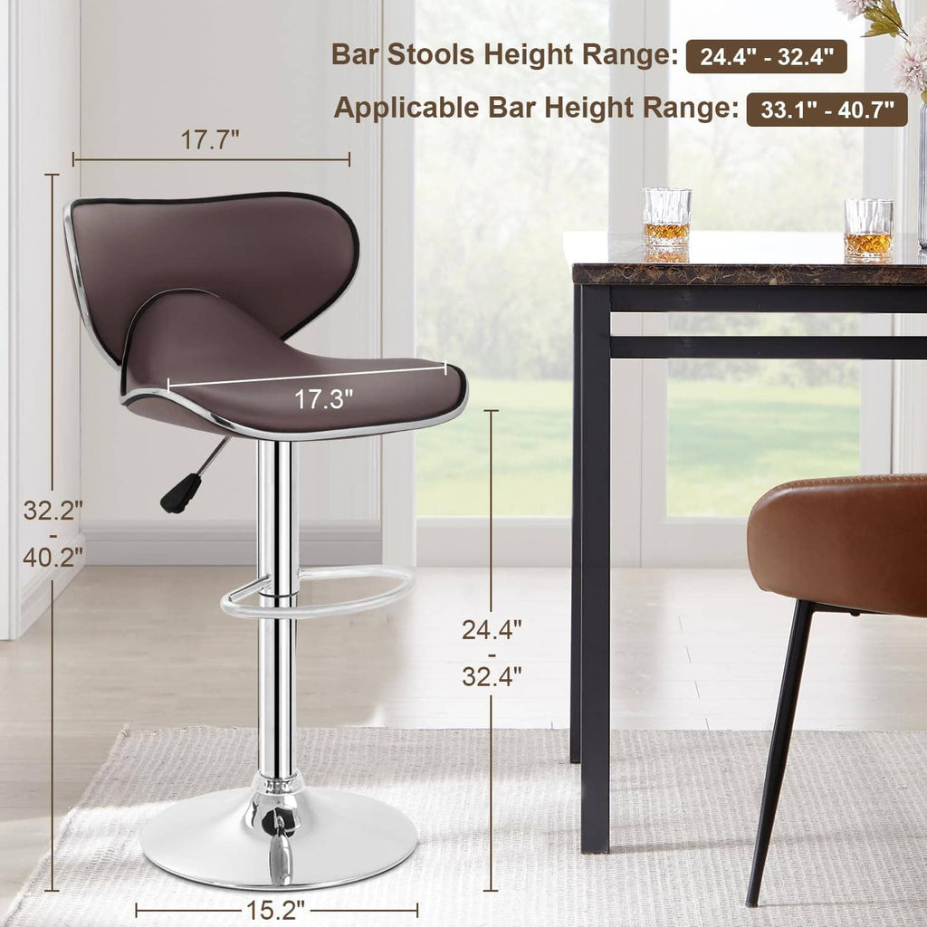 Brown upholstered bar stool with backrest, adjustable chrome pedestal, and circular footrest