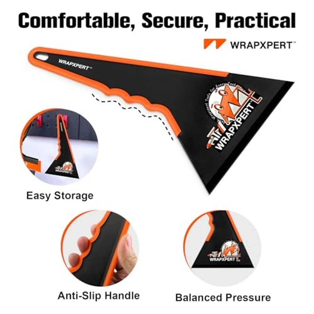 Black and orange window tint squeegee with anti-slip handle and triangular corner blade