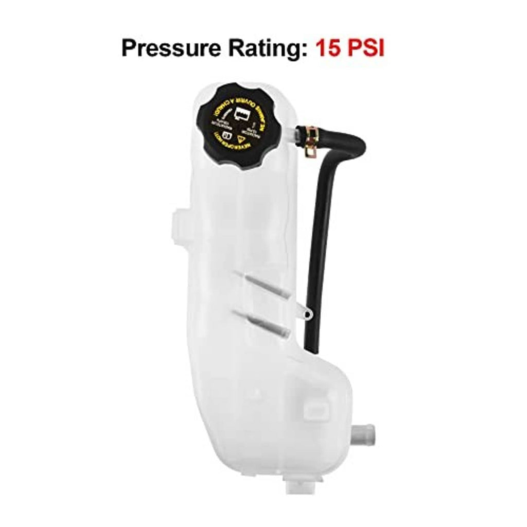 White engine coolant reservoir overflow tank with black cap and black pressure hose