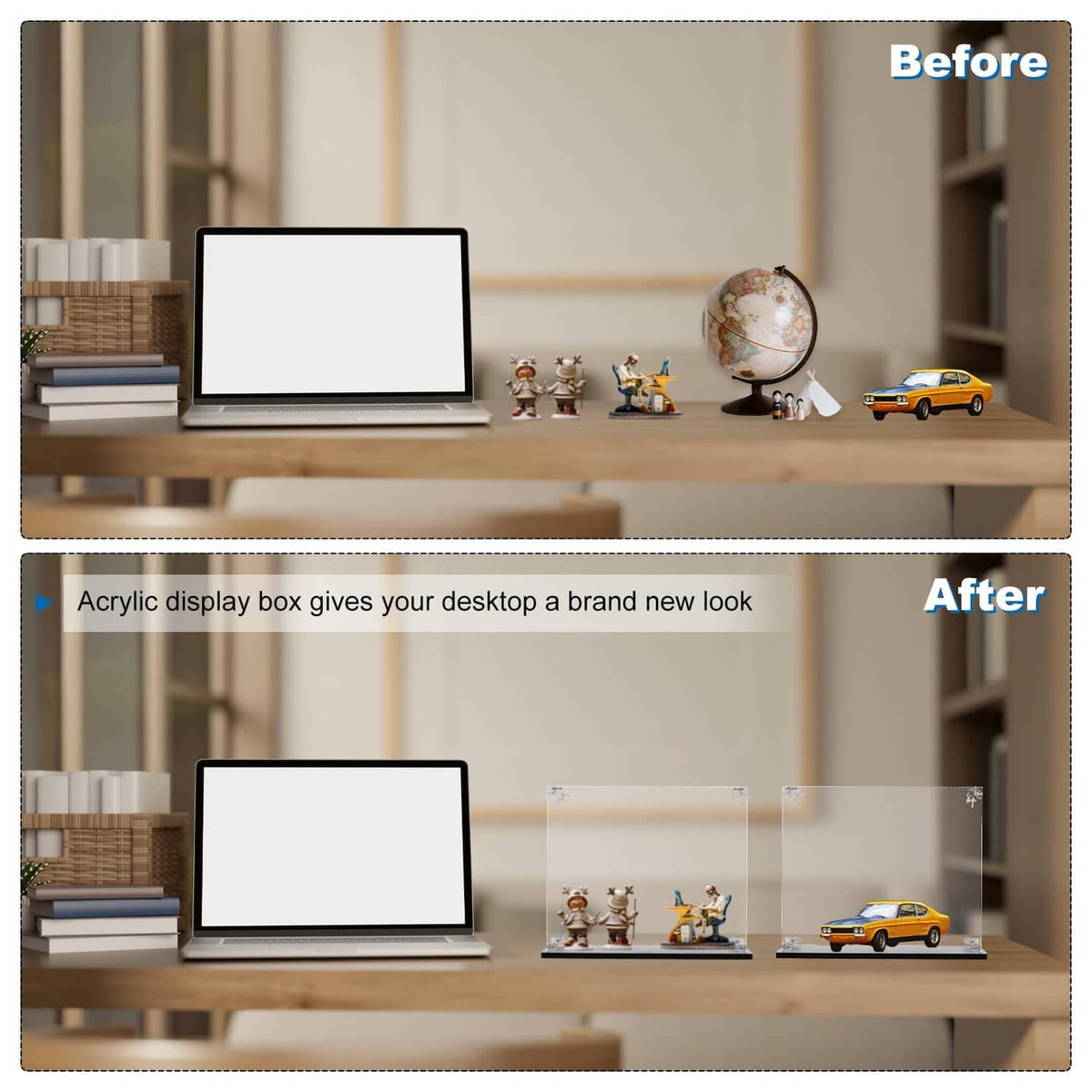 Clear acrylic display case with black base and miniature toys behind transparent panels.