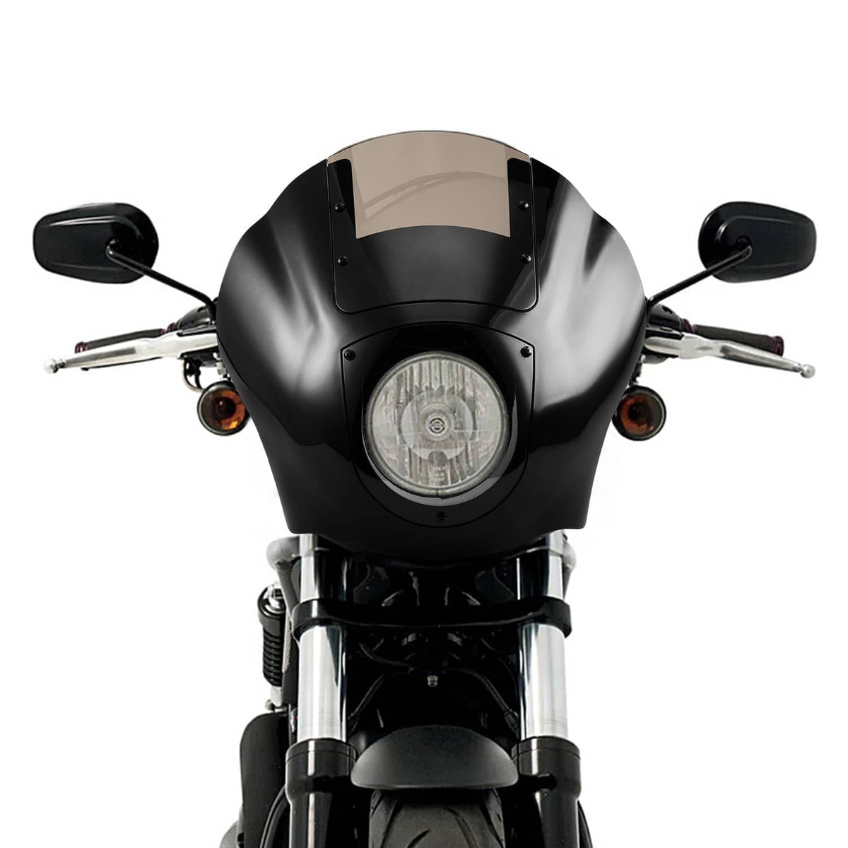 Black front quarter fairing windshield with tinted visor and center headlight opening