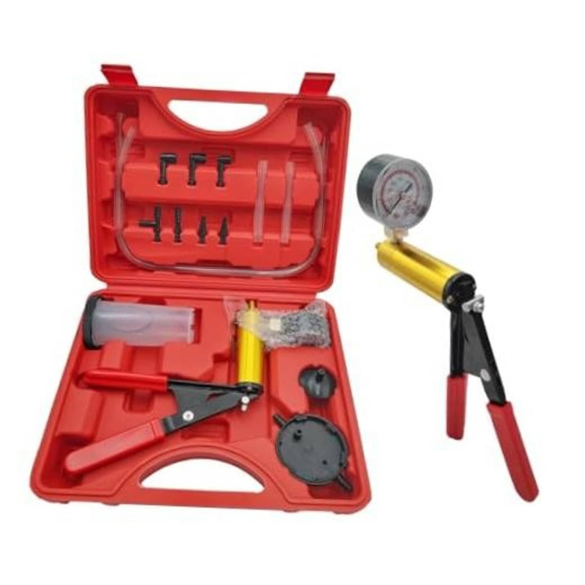 Brake bleeder vacuum pump kit in red case with pressure gauge and fittings