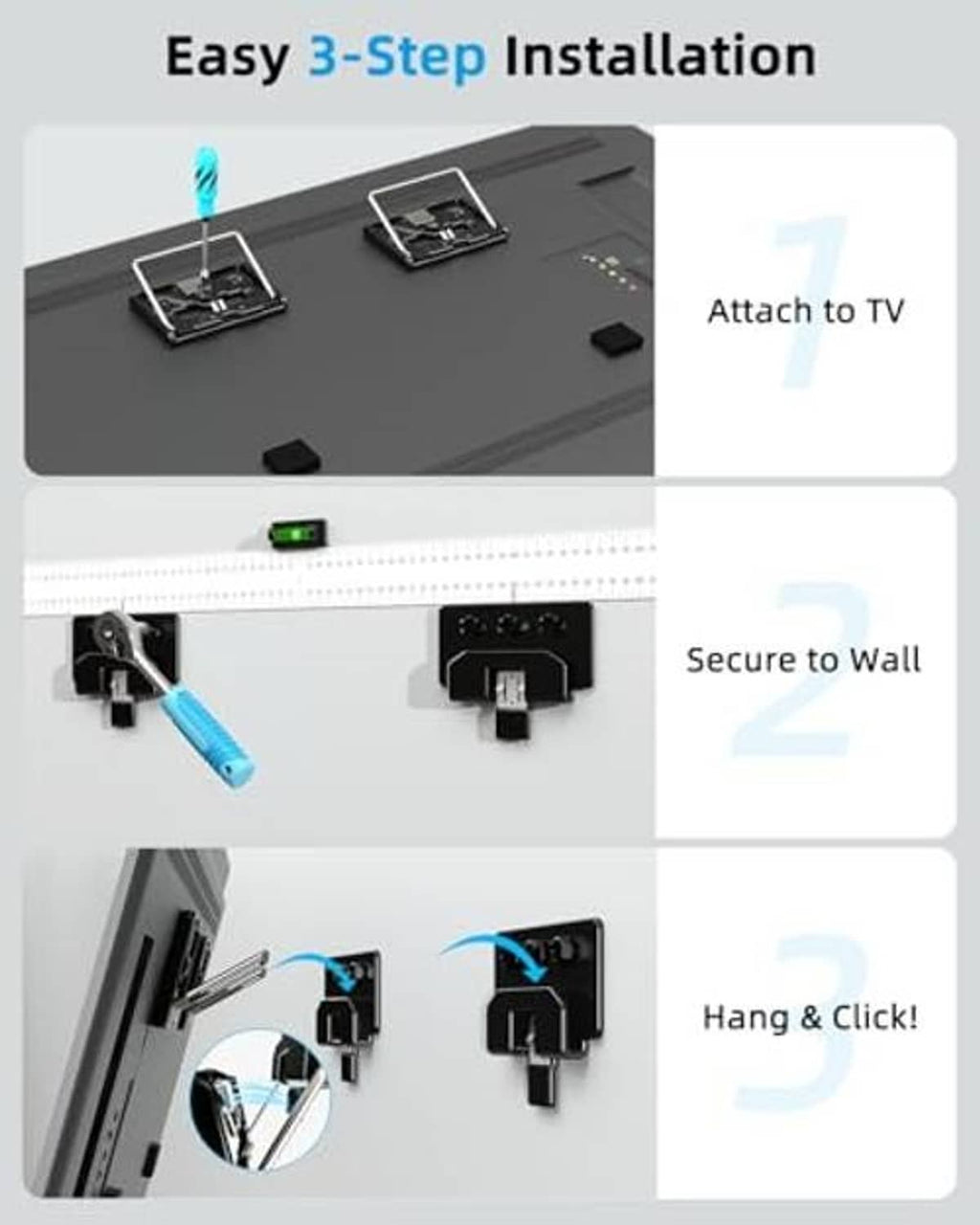 Easy 3-step installation TV mount with attach-to-TV, secure-to-wall, and hang-click steps