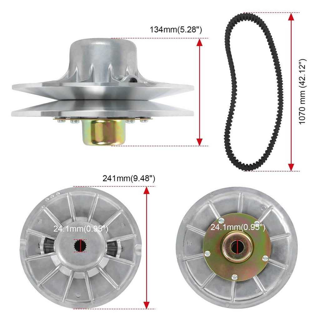 Primary clutch housing with silver sheaves and black drive belt, size callouts shown